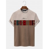 Mens Vintage Geometric Pattern Patchwork Mock Neck Short Sleeve T  Shirts