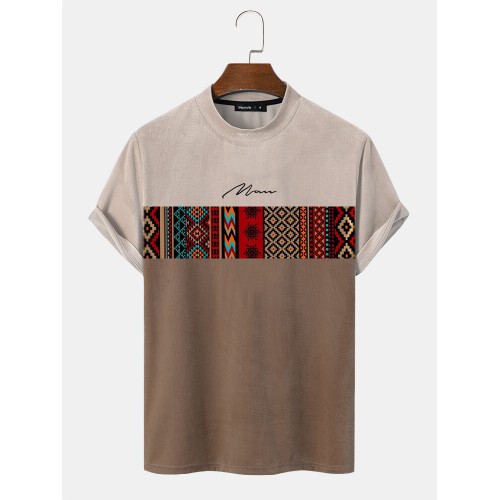 Mens Vintage Geometric Pattern Patchwork Mock Neck Short Sleeve T  Shirts