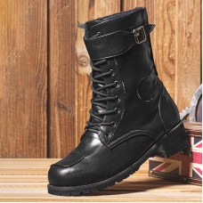 Men PU Non Slip Side Zipper Lace Up Retro Casual Boots