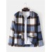 Men Plaid Patchwork Vintage Pockets Button Casual Lapel Jackets