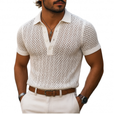 Men's Solid Hollow Out Plaid Knit Lapel Short Sleeve Polo Shirt MTA1865F2Z
