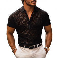 Men's Fashion Lace Lapel Short Sleeve Casual Polo Shirt MTA1296E2Z
