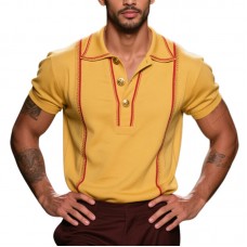 Men's Vintage Casual Striped Embroidered Cotton Short Sleeve Polo Shirt MTA2985E3TO