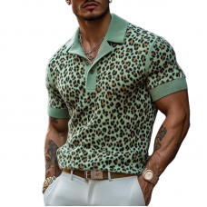 Men's Fashion Leopard Print Knitted Short-sleeved Polo Shirt MTA0754F7Y
