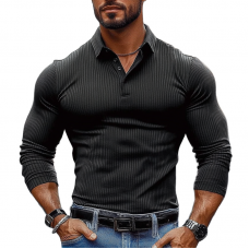 Men's Striped Textured Basic Elastic Long-sleeved POLO Shirt MTA1139J2X