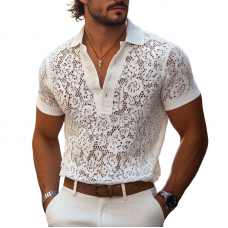 Men's Fashion Lace Lapel Short Sleeve Polo Shirt MTA1552E9Z